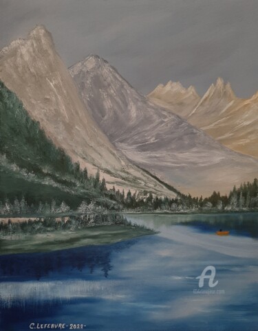 Painting titled "Accostage sur lac d…" by Caroline Lefebvre, Original Artwork, Oil