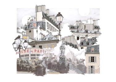 Zeichnungen mit dem Titel "Un soir, ancien vil…" von Caroline Lopez, Original-Kunstwerk, Tinte