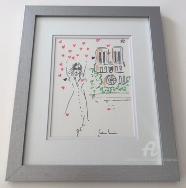 Dessin intitulée "Paris des amoureux" par Caroline Montigneaux, Œuvre d'art originale, Marqueur