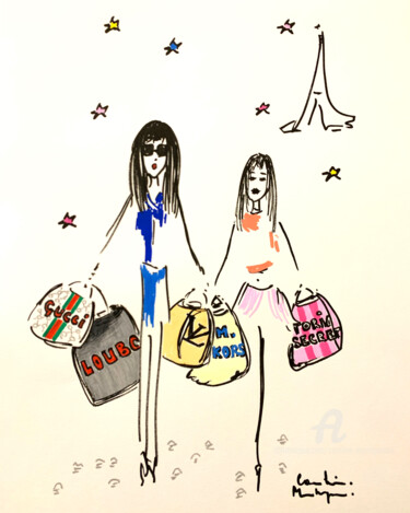 Dessin intitulée "Du temps du shopping" par Caroline Montigneaux, Œuvre d'art originale, Marqueur