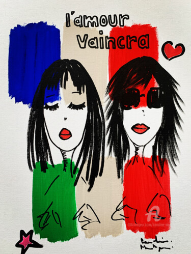 Painting titled "L’Amour vaincra" by Caroline Montigneaux, Original Artwork, Acrylic Mounted on Cardboard