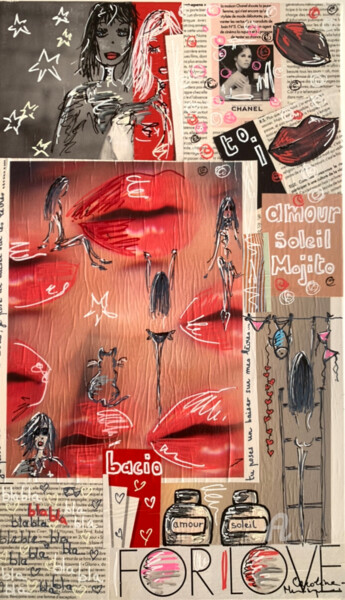 Collages intitolato "Covid - Love and Pe…" da Caroline Montigneaux, Opera d'arte originale, Collages Montato su Telaio per b…