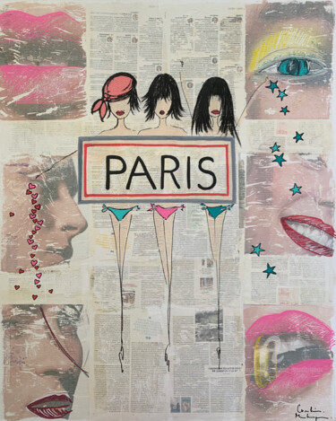 Tekening getiteld "PARIS" door Caroline Montigneaux, Origineel Kunstwerk, Marker Gemonteerd op Frame voor houten brancard