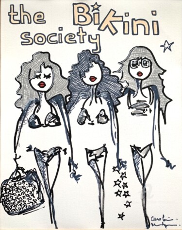 Painting titled "The Bikini Society" by Caroline Montigneaux, Original Artwork, Acrylic Mounted on Cardboard