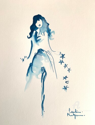 Dessin intitulée "Ballerine Bleue" par Caroline Montigneaux, Œuvre d'art originale, Encre