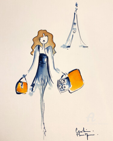 Σχέδιο με τίτλο "Paris Orange" από Caroline Montigneaux, Αυθεντικά έργα τέχνης, Μελάνι