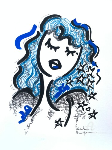 Tekening getiteld "Mademoiselle Blue" door Caroline Montigneaux, Origineel Kunstwerk, Marker