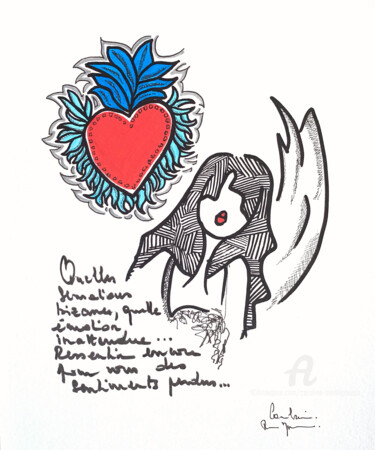 Disegno intitolato "Ex voto blue love" da Caroline Montigneaux, Opera d'arte originale, Pennarello