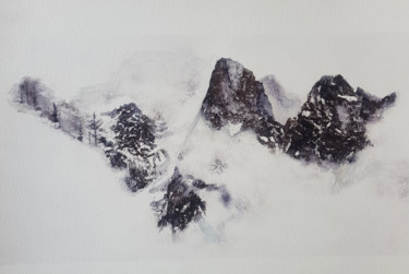 Pittura intitolato "Vue montagne en noi…" da Caroline Seraud, Opera d'arte originale, Acquarello