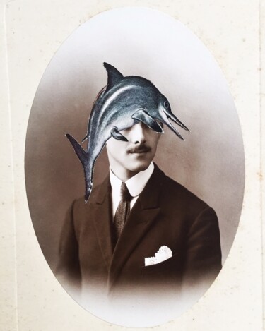 Κολάζ με τίτλο "fish'man" από Caroline Thunus, Αυθεντικά έργα τέχνης, Κολάζ Τοποθετήθηκε στο Ποτήρι