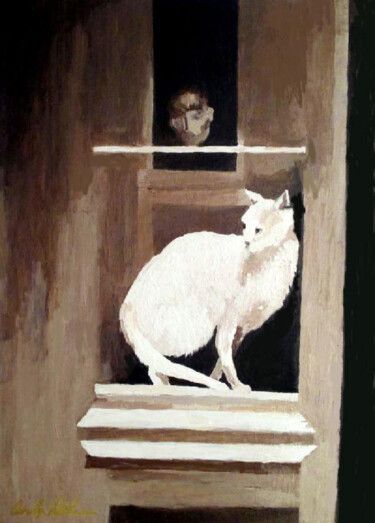 Painting titled "White Cat" by Carolyn   A. Debnam, Original Artwork, Acrylic Mounted on Wood Stretcher frame