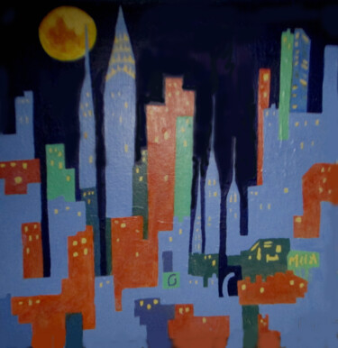 Painting titled "Manhattan Night" by Carolyn   A. Debnam, Original Artwork, Acrylic Mounted on Wood Stretcher frame