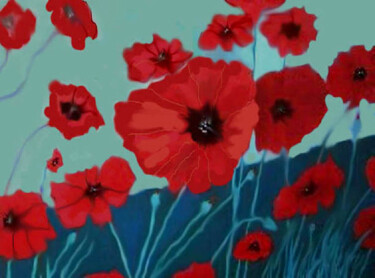 Painting titled "Large Poppy Field" by Carolyn   A. Debnam, Original Artwork, Acrylic Mounted on Wood Stretcher frame