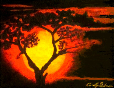Painting titled "Kenya sunset" by Carolyn   A. Debnam, Original Artwork, Acrylic Mounted on Wood Stretcher frame
