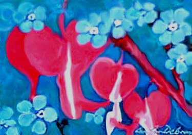 Painting titled "Bleeding Hearts & F…" by Carolyn   A. Debnam, Original Artwork, Acrylic Mounted on Wood Stretcher frame