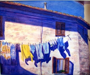 Painting titled "Washday in Tuscany" by Carolyn Bishop, Original Artwork, Oil