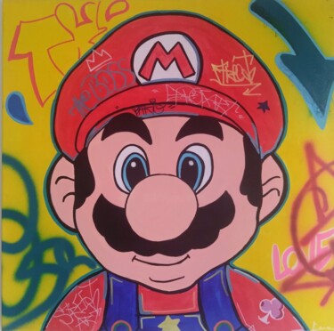 Ζωγραφική με τίτλο "Pop art Yellow Mario" από Caronart, Αυθεντικά έργα τέχνης, Ακρυλικό