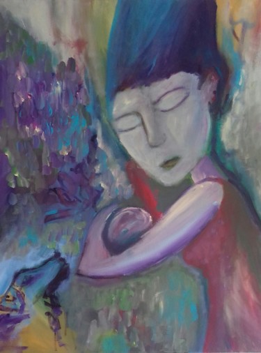 Peinture intitulée "maternite bleu" par Caropeu, Œuvre d'art originale