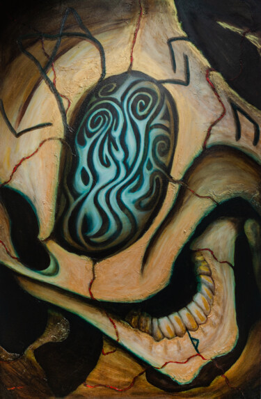 Painting titled "Skullusion IV" by Carraux, Original Artwork, Oil Mounted on Wood Stretcher frame