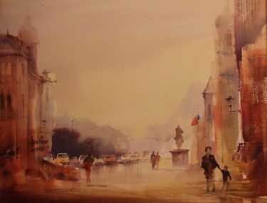 Pintura intitulada "En sortant de l'éco…" por Claude Carretta, Obras de arte originais, Aquarela