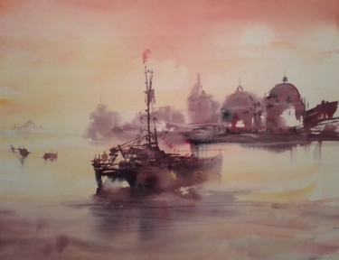 Peinture intitulée "lagune-doree.jpg" par Claude Carretta, Œuvre d'art originale, Aquarelle