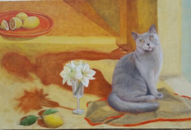 Pittura intitolato "gatto-balthus-60x90…" da Cartasso, Opera d'arte originale, Olio