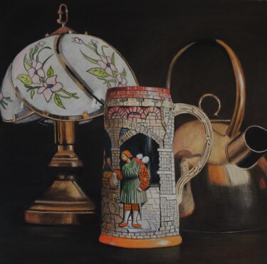 Dessin intitulée "Chope, lampe et thé…" par Patrick Casado, Œuvre d'art originale, Crayon