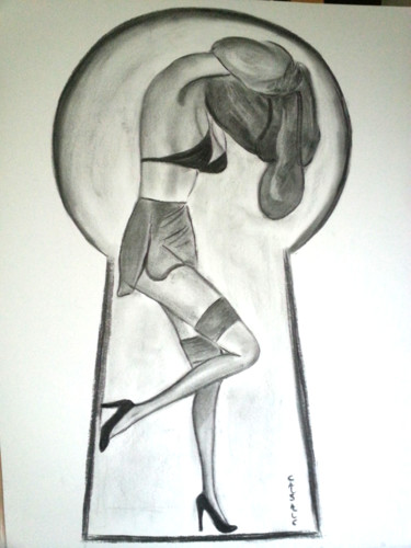 Drawing titled "Indiscrétion" by Casal'Art, Original Artwork, Charcoal