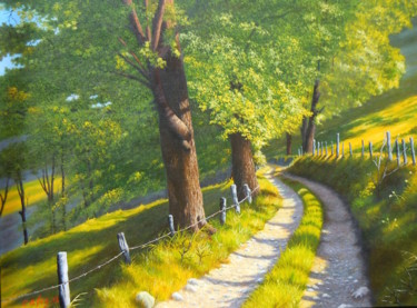 Painting titled "CHEMIN FORESTIER" by Casez, Original Artwork, Oil