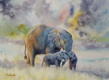Peinture intitulée "Eléphants" par Le Forestier, Œuvre d'art originale, Aquarelle