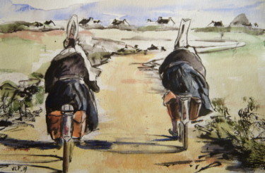 Peinture intitulée "2 bretonnes à vélo" par Le Forestier, Œuvre d'art originale, Aquarelle