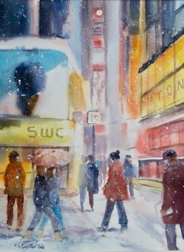 Peinture intitulée "Neige à Time Square" par Le Forestier, Œuvre d'art originale, Aquarelle