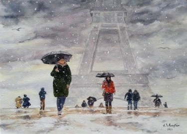 Peinture intitulée "Au Trocadero neige" par Le Forestier, Œuvre d'art originale, Aquarelle
