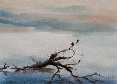 Peinture intitulée "Oiseaux sur un tronc" par Le Forestier, Œuvre d'art originale, Aquarelle