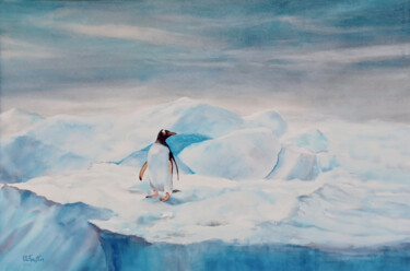 Peinture intitulée "Manchot seul sur la…" par Le Forestier, Œuvre d'art originale, Aquarelle