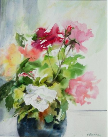 Peinture intitulée "Rose blanche et vas…" par Le Forestier, Œuvre d'art originale