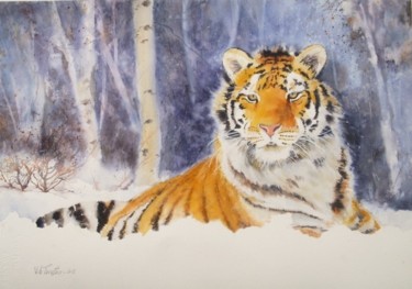 Peinture intitulée "Tigre dans la neige" par Le Forestier, Œuvre d'art originale