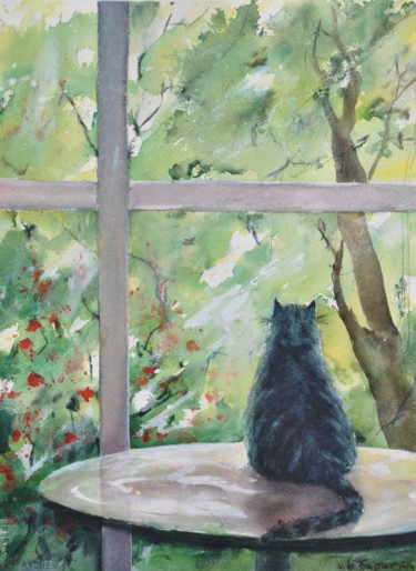 Peinture intitulée "Chat devant la fenê…" par Le Forestier, Œuvre d'art originale