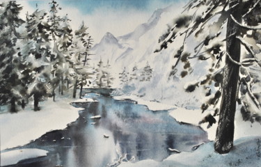 Peinture intitulée "rivière et neige" par Le Forestier, Œuvre d'art originale, Aquarelle