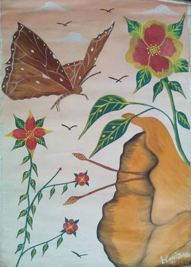 Peinture intitulée "Papillon et la fleur" par Cassandro Leonidas, Œuvre d'art originale, Acrylique