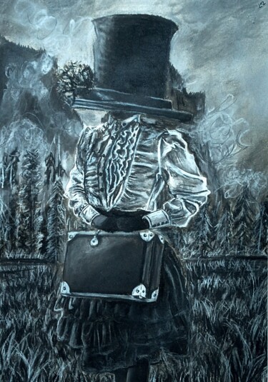 Schilderij getiteld "The One With the Hat" door Cassie Burgan, Origineel Kunstwerk, Houtskool