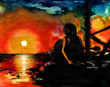 Pittura intitolato "Sunset for you" da Casualblues Yuen, Opera d'arte originale, Inchiostro