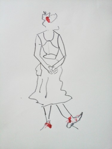Disegno intitolato "dame au soulier rou…" da Catherine Claude, Opera d'arte originale