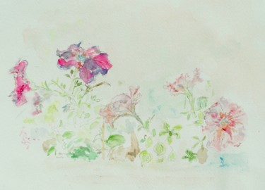 Pintura intitulada "Pétunias éparpillés" por Catherine Claude, Obras de arte originais, Aquarela