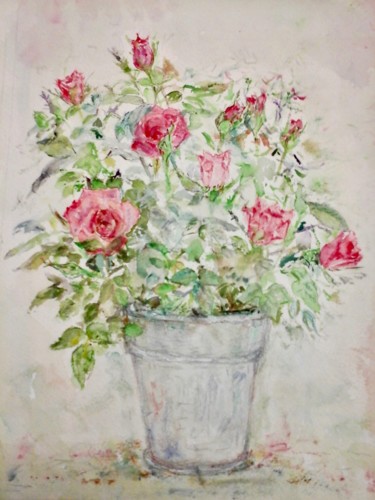 Painting titled "Petit rosier en pot" by Catherine Claude, Original Artwork, Watercolor