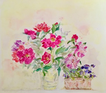 Pintura intitulada "pivoines et pétunias" por Catherine Claude, Obras de arte originais, Aquarela