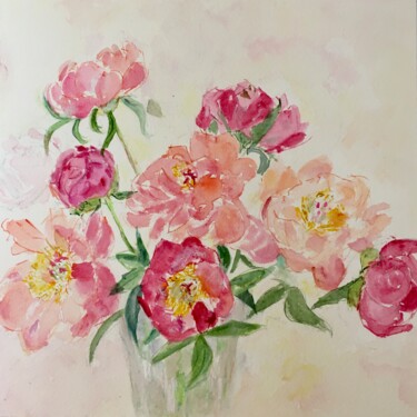 Painting titled "Brassée de pivoines" by Catherine Claude, Original Artwork, Watercolor Mounted on artwork_cat.