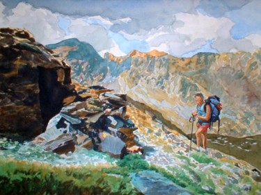 Peinture intitulée "A halt in mountain,…" par Peindre En Catalogne, Œuvre d'art originale, Huile
