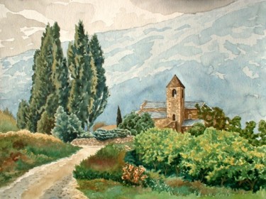 Peinture intitulée "L'église romane de…" par Peindre En Catalogne, Œuvre d'art originale, Huile