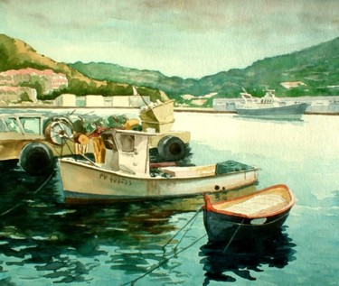 Peinture intitulée "Bateaux de pêche à…" par Peindre En Catalogne, Œuvre d'art originale, Huile